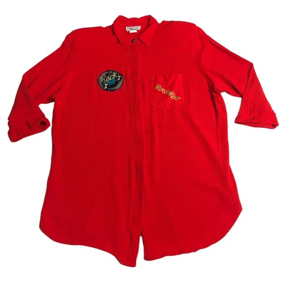 Vintage Niki & Danielle Top Womens 16 Red Rock N Roll Embroidered Pocket Gauze - Picture 1 of 16